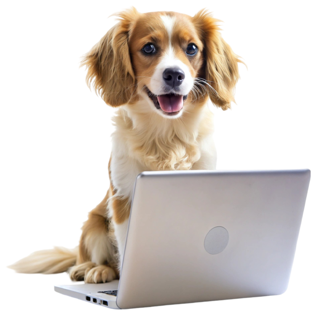 dog using laptop transparent background